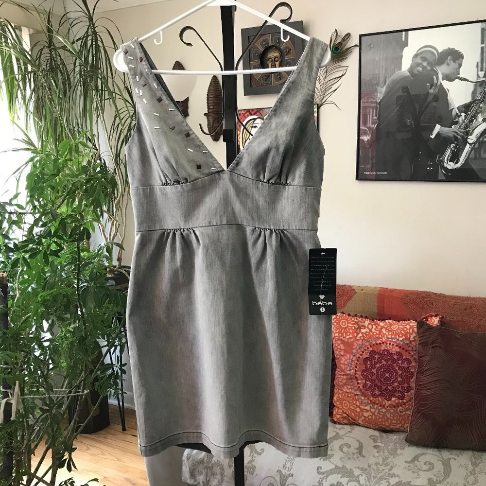 bebe Gray V-Neck Studded Sheath Dress